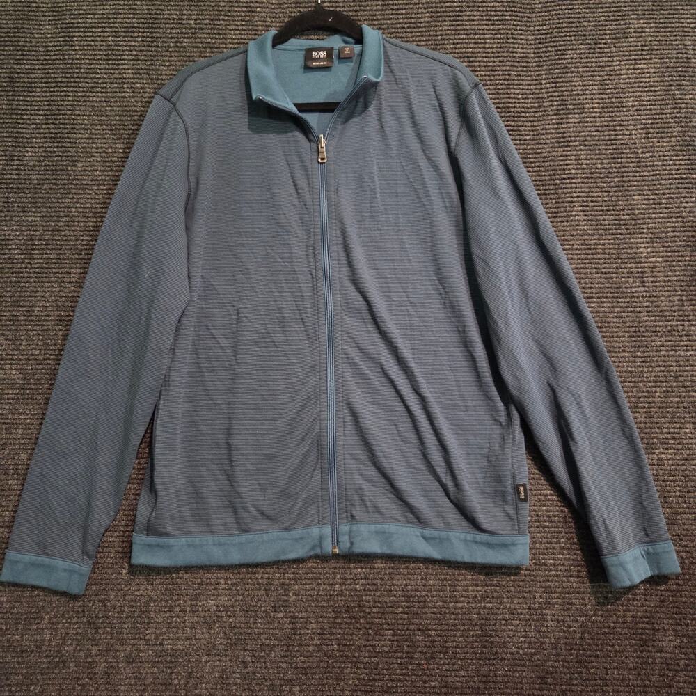 Hugo Boss Regular Fit Full Zip Jacket Mens XL Teal Blue Micro Stripe Elbow Patch